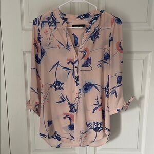 Ivanka Trump Pink and Blue Cuffed Sleeve Blouse with rose gold buttons